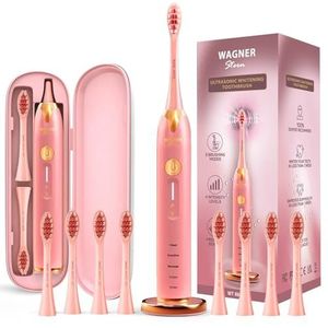 Wagner & Stern Ultrasone whitening tandenborstel met druksensor, 5 poetsmodi en 4 intensiteitsniveaus. 8 zachte opzetborstels, premium reiskoffer.