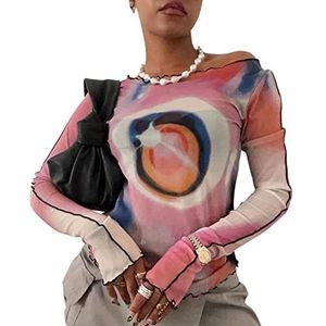 WINH Elegante casual top voor dames met ronde hals en meerkleurige datum (S), Meerkleurige print, S