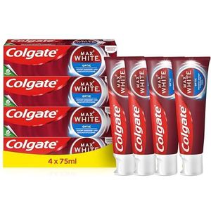 Colgate Max White Optic Tandpasta 4X75ml - Tanden Whitening Tandpasta - Klinisch Bewezen Formule - Verwijdert tot 100% van de Oppervlakte Vlekken - Optische Brighteners Onmiddellijk Tanden witter