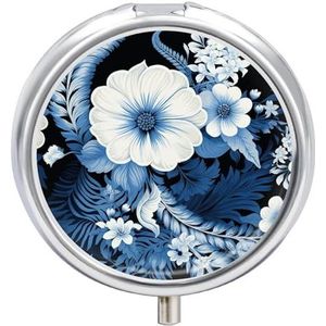 Blauw en wit bloemmotief pillendoos draagbare pillenorganizer met 3 compartimenten en kleine spiegel reispillendoosje voor zak of portemonnee ronde medicijnorganisator decoratieve vitamine-organizer