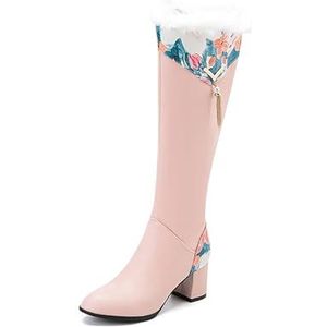 2023 Nieuwe Hoge Laarzen Met Pluche Revers Elegante Lange Schacht Laarzen Dames Met Blokhak Bloemenprint Patchwork Enkellaarsjes Winter Warme Pluche Snowboots PU Lederen Schoenen (Color : Pink, Size