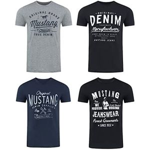 MUSTANG Heren T-shirt 4-pack frontprint O-hals ronde hals korte mouwen Regular Tee Shirt 100% katoen Zwart Wit Grijs Blauw Groen, Kleurmix (P12), XXL