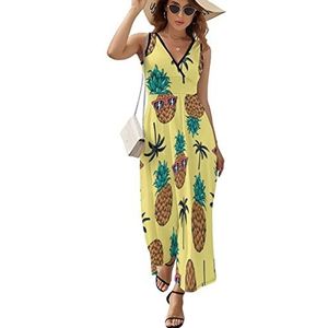 Ananas met zonnebril, maxi lange jurk voor dames, V-hals, mouwloos, tank, zonnejurk, zomer