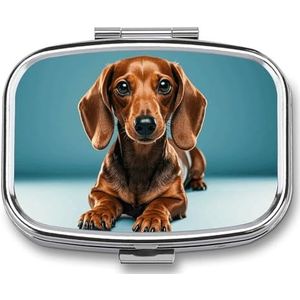 Schattige teckel honden pillendoos, 2 compartimenten geneeskunde pillenetui, draagbare pillenorganisator voor zak of portemonnee decoratieve metalen medicijnen vitamine organizer