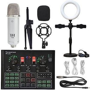 Geluidskaartset, Professionele Studio Condensator Microfoon Bundel WXH1000 Mic Kit Met Live Geluidskaart Draadloze Karaoke(White WXH1000 LED)