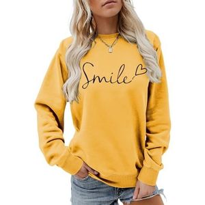 MLZHAN Smile Love Heart Print Vrouwen Sweatshirt Ronde Hals Lange Mouw Truien Herfst Winter Streetwear Causale Jas Tops, Geel, S