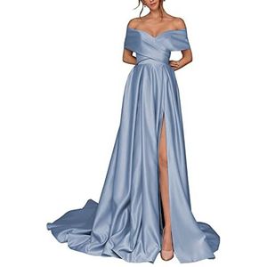 Off the Shoulder Prom Dress Geplooide Satijn Side Slit Formele Avondfeestjurken voor Vrouwen, Dusty Blauw, 38