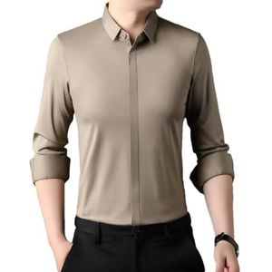 Mannen Zijden Business Jurk Shirts Mannelijke Kleding Luxe Anti-Rimpel Knop Elastische Tops, L Khaki, S