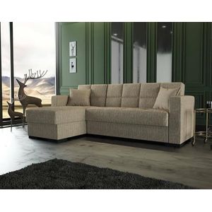 Dmora Fernando Bed met schiereiland, omkeerbare hoekbank, bank voor woonkamer met chaise longue en 2 kussens, 230 x 150 x 81 cm, beige, melamine plaat, stof