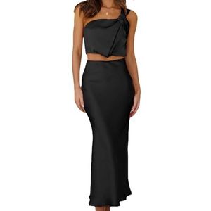 Elegante Satijnen Sets voor Dames, Mode Crop Tops Off-shoulder met Bodycon Lange Rok(Color:Black,Size:M)