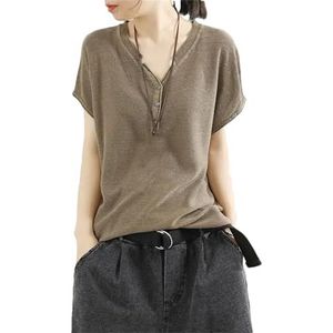 Dvbfufv Vrouwen Casual Losse Strand T-Shirt Vrouwen Zomer Koreaanse V-hals Korte Mouwen Dieptepunt Pullover Shirt Tops, Lichte koffie, M