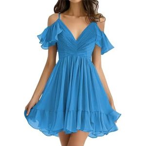 WSEYU Chiffon bruidsmeisjes jurken kort off-shoulder A-lijn ruches geplooide prom avondjurk, Blauw, 32