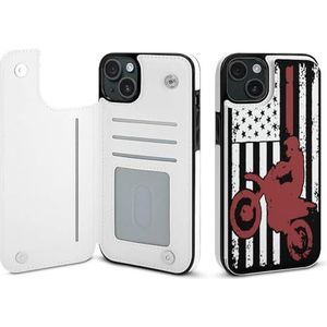 USA Vlag Dirtbike Motocross Flip Telefoonhoesje Compatibel voor iPhone 15 Plus Leuke Portemonnee Hoesje Telefoon Beschermhoes met Kaarthouder