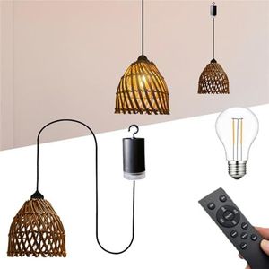 Batterij aangedreven hanglamp Boho batterij kroonluchter buiten batterij aangedreven opknoping hanglamp met afstandsbediening, Boheemse rotan geweven kroonluchter armatuur voor tuin tuinhuisje