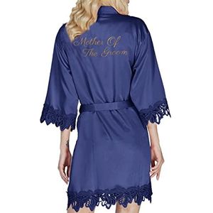 Y WJing Yi Jia Bruid gewaad dames kimono gewaden satijn bruidsmeisje bruiloft partij gewaden bruids ochtendjas zijden gewaden kant trim zijdeachtige ochtendjas monogrammen, Navy-g, 3XL