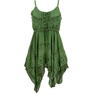 GURU SHOP Geborduurde Indiase mini-jurk, chic, zigzag, hippie, tuniek, middeleeuwse jurk, dames, groen, synthetisch, maat: 40, alternatieve kleding, groen, 40