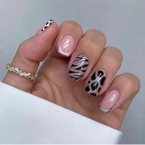 Franse tip luipaardprint nepnagels - 24 stuks roze korte vierkante press-on nagels - 12 maten, volledige dekking acrylnagels