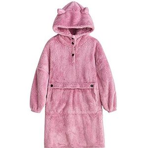 Vaste flanellen pyjama met capuchon voor dames in herfst en winter nachthemd dames korte mouwen, roze, M