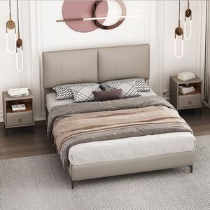 Aunvla Slaapkamerset, modern design tweepersoonsbed + 2 x nachtkastjes, gestoffeerd bed, nachtkastje met een lade, complete slaapkamer, PU, lichtgrijs (140x200cm)