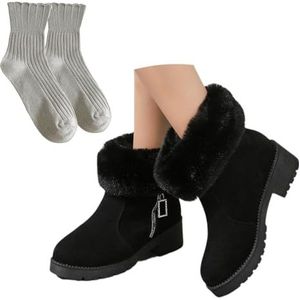 Höst Vinter Stövletter Dam Varma Plysch Foder Snö Boots Block Klack Stövlar Vattentät Mocka Korta Stövlar Utomhus Bomullsskor Vintage Worker Booties(Black,36 EU)