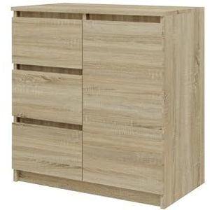 VBChome Commode met 1 deur en 3 schuifladen, 80 x 40 x 75 cm, eiken, sonoma, zonder handgrepen, multifunctionele kast voor hal, slaapkamer, woonkamer, kinderkamer, modern, eiken, Sonoma