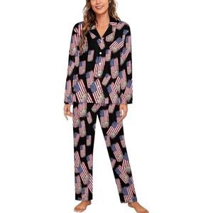 Vintage Luiaard met Amerikaanse Vlag Lange Mouw Pyjama Sets Voor Vrouwen Klassieke Nachtkleding Nachtkleding Zachte Pjs Lounge Sets