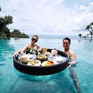 pallet， Luxe drijvende serveertafel met ronde lade, serveer-/saladebar, drankhouder for BBQ, picknick, zwembadfeest, buffet(Black,80X80X15CM)