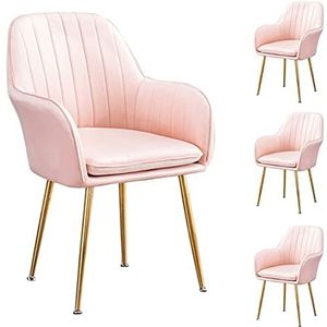GEIRONV Zachte fluwelen eetkamer set van 4, metalen stoel benen woonkamer stoelen met armleuningen rugleuning make-up stoel 46 × 40 × 85 cm Eetstoelen (Color : Pink)