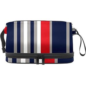 Dubbele Laag Cosmetische Tas Streep Rood Navy Draagbare Make-up Tas Reizen Organizer Pouch voor Vrouwen Meisjes Toiletartikelen Tassen, Meerkleurig, 27x15x14 cm/10.6x5.9x5.5 in, Make-up zakje