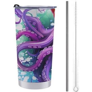 AQRJLPM Kleurrijke octopus autobeker van roestvrij staal 20 oz beker met rietje en deksels lekvrij geïsoleerde roestvrijstalen reiskoffiemok pobtable voor koude warme dranken kamperen