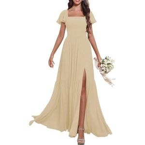 KURFACE Dames fladdermouwen V-hals chiffon bruidsmeisjesjurken met split geplooide lange avond formele feestjurk, Champagne, 32