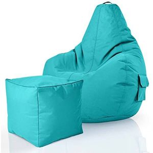 Green Bean© Set van 2 Beanbag + Kruk - voorgevuld - Duurzaam Afwasbaar Vlekbestendig - Beanbag voor kinderen & volwassenen Vloerkussen Lounge Kruk Ontspannende fauteuil Gamingstoel Poef - Turquoise