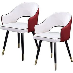 GEIRONV Moderne lederen eetkamerstoel set van 2, met metalen poten keukenstoelen fauteuil met hoge rugleuning slaapkamer leesstoel woonkamerstoel Eetstoelen (Color : White red, Size : 48x42x81cm)