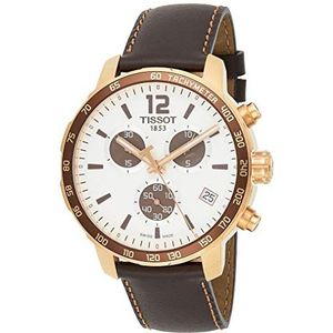 Tissot Unisex bruin lederen band gouden toon stalen armband Zwitserse quartz witte wijzerplaat horloge T0954173603701, Bruin/Goud/Wite, armband