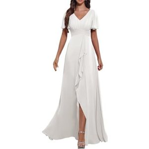 KURFACE Flutter mouw V-hals chiffon bruidsmeisjes jurken met mouwen split lange formele avondjurk voor vrouwen, Ivoor, 32