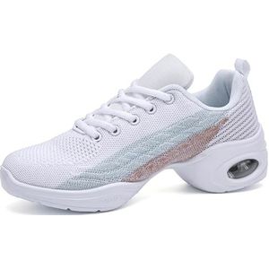 Hiuzylqx Dansschoenen voor dames, lichtgewicht, ademende jazzdansschoenen, veterschoenen met demping en mesh, platform sneakers,Wit,35 EU