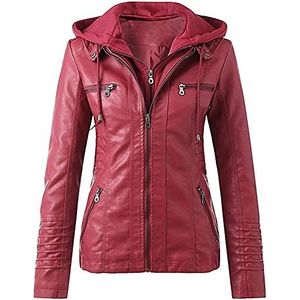 QLXYYFC Dames Capuchon Imitatie Leren Jassen Herfst Winter Motorjas Casual Getailleerd Overgangsjack Winddicht Warm Bikerjack met Rits(Red,L)