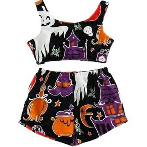 Spooky Vest Pyjama Set, Fuzzy Halloween Glow-in-the-Dark Vest Pyjama Sets Flanel Lichtgevende Nachtkleding Nachtkleding Shorts(F,S)