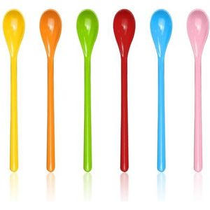 6 stuks lepels met lang handvat, kleurrijke kunststof lepel, lange eierlepel, lange plastic lepel, koffielepel, koffiemenglepel