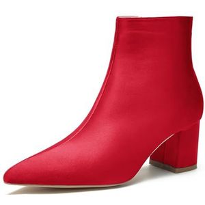 Vrouwen Chunky Blok Lage Hiel Chelsea Enkellaarsjes Puntige Neus Zijrits Kantoor Klassieke Satijnen Jurk Korte Bootie,Rood,35 EU