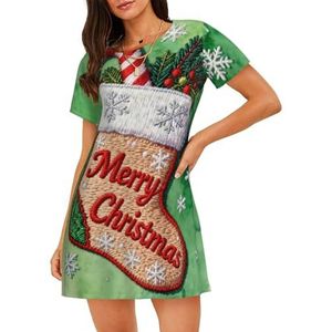 Zelinge Nachtjapon met korte mouwen voor dames, nachthemd, pyjama, comfortabele loungewear, S-3XL, Kerst Aquarel Groen, S