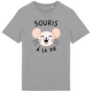 T-shirt met muis tot het leven, voor heren, bedrukt in Frankrijk, 100% biologisch katoen, cadeau voor verjaardagsdieren, origineel grappig, Grijs, XS