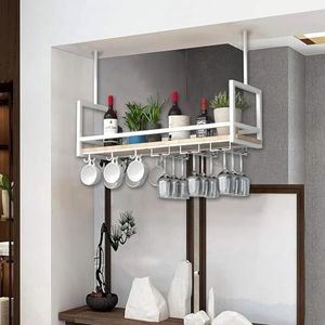 Plafondplank - Plafond hangende wijnglashouder, keukenhangend opbergrek, wandgemonteerde massief houten wijnglashouder met beschermrails, voor keuken/LOFT/bar (kleur: wit, maat: 120 x 30 x 60 cm)