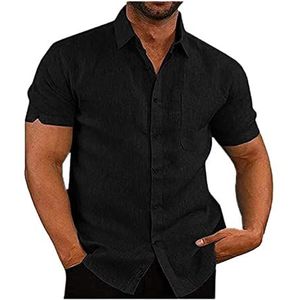 Herenoverhemd Katoen Linnen Korte Mouw Normale Pasvorm Casual Strandoverhemd Normale Pasvorm Zomeroverhemden Met Zak heren t-shirt(Noir,4XL)