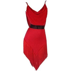 Rood,L,PONNYC Latin Dansjurk Met Franjes Voor Dames Cha Cha Wedstrijd Dansoutfit Met Open Rug Bretels Ballroom Danskostuums Tango Danskleding Met Strass