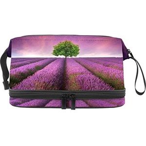 Grote capaciteit reizen cosmetische tas,Lavendel paars bloem veld,Make-up tas,Waterdichte make-up tas organisator, Meerkleurig, 27x15x14 cm/10.6x5.9x5.5 in