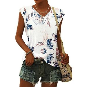 WNEEDU T-shirt Dames Zomer V Hals Tanktop Losse Blousetops Zomer Dames Luchtig met Kapmouwtjes Witte Bloem M