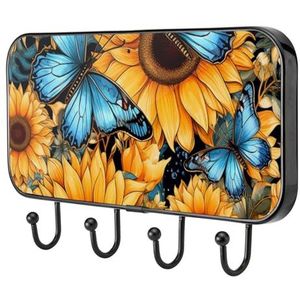 etoenbrc Blauwe vlinder zonnebloemen kapstok muur gemonteerd,4 ijzeren kleerhanger haken voor opknoping jassen, decoratieve kapstokken voor muur Heavy Duty voor kleding tas sleutel