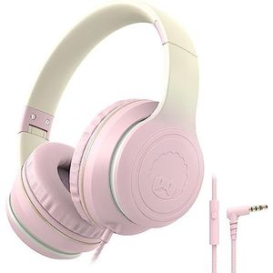 RockPapa L22 Kinderhoofdtelefoon, kabelhoofdtelefoon voor kinderen, 3,5 mm jack, opvouwbare, verstelbare hoofdband met microfoon, over-ear hoofdtelefoon voor school, reizen, jongens, meisjes, Roze