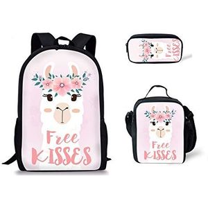 Jeiento Schooltassen Rugzak Geïsoleerde Lunchbox Potlood Case voor Kids Bagpack 3 in 1, Roze Alpaca (roze) - School bag set-23